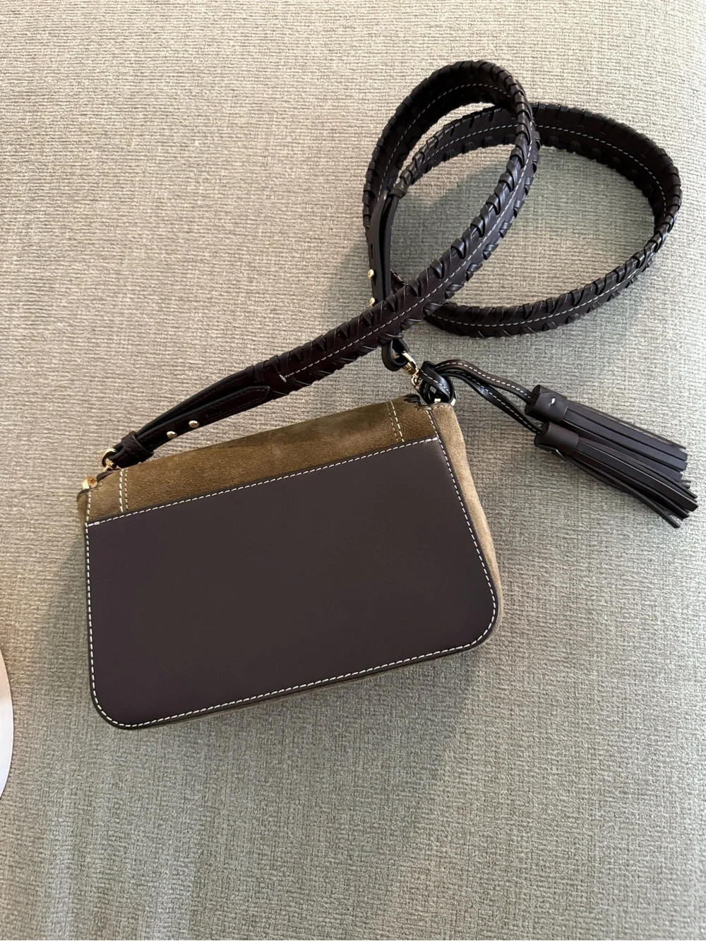 Tory Burch Olive Suede Crossbody with Dark Brown Whipstitch - Picture 2 of 2